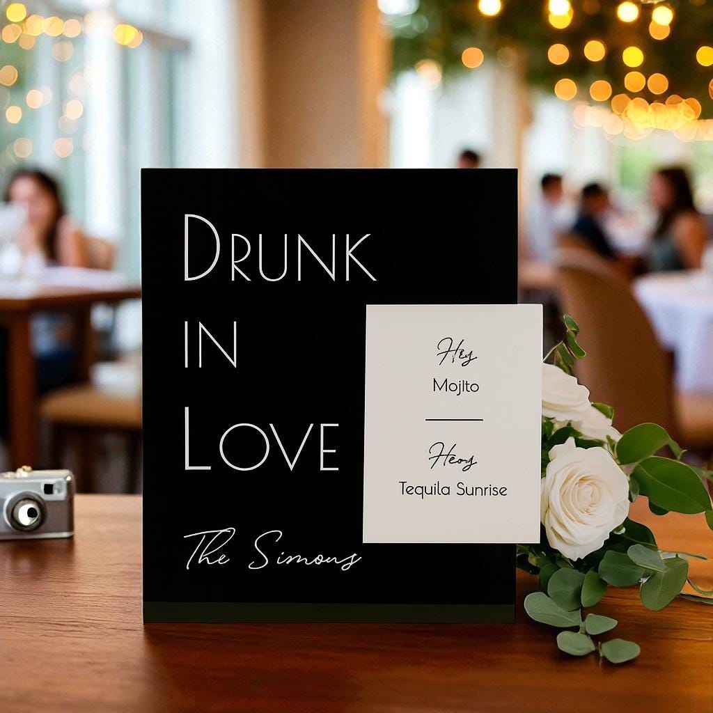 Glossy Acrylic Wedding Signature Drink Sign: 3D Minimalist Bar Menu