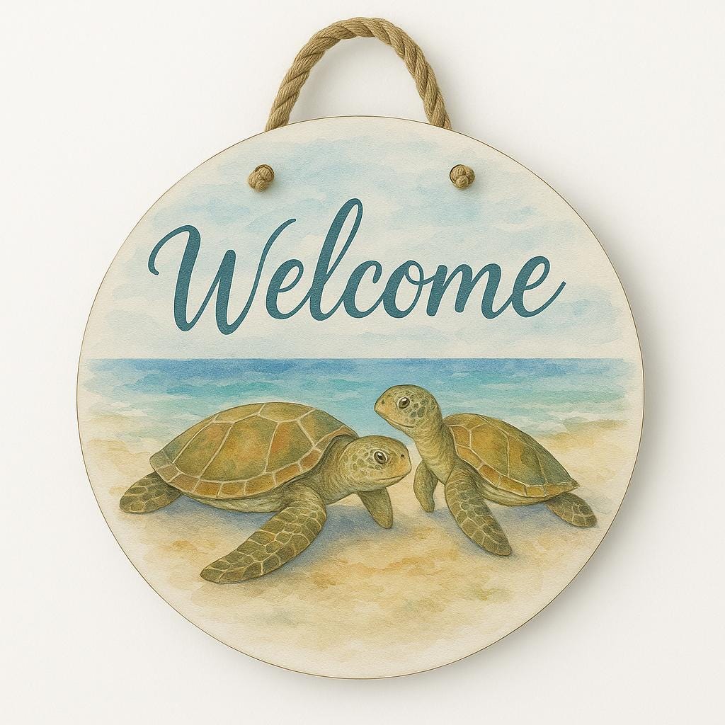 Turtle Welcome Sign: Coastal Beach House Decor with Nautical Rope