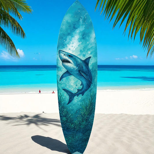 Watercolor Shark Surfboard Wall Art: Coastal Beach House Decor