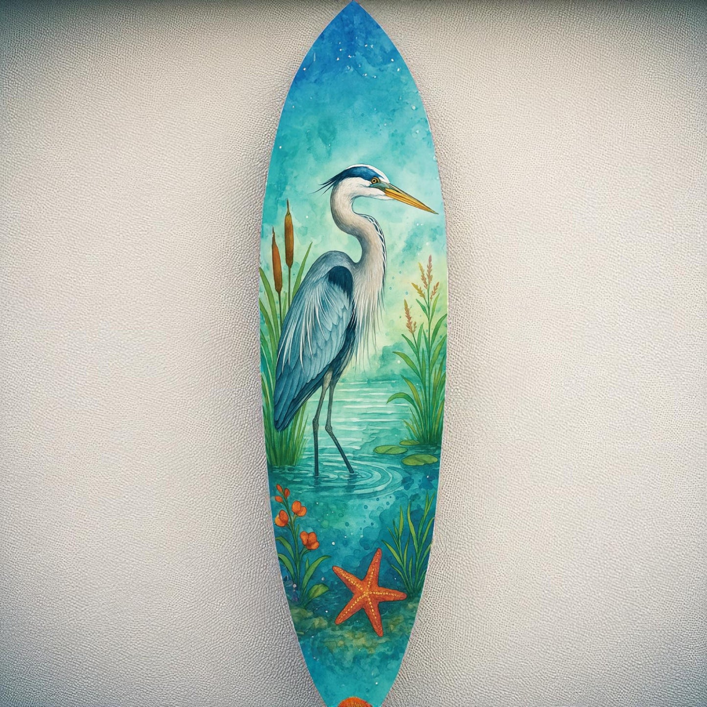 Egret Surfboard Wall Art: Coastal Bird Decor, Beach House Sign