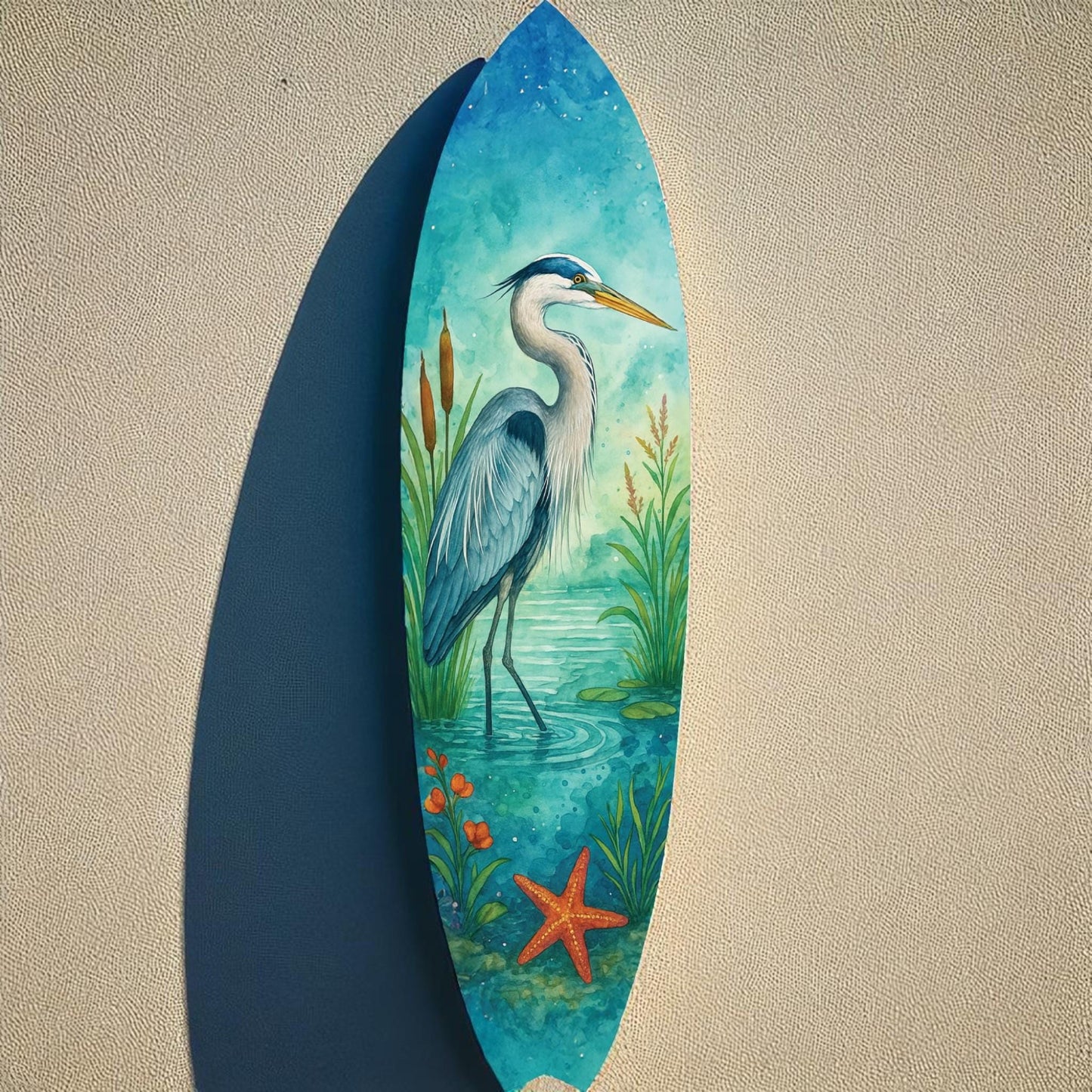 Egret Surfboard Wall Art: Coastal Bird Decor, Beach House Sign