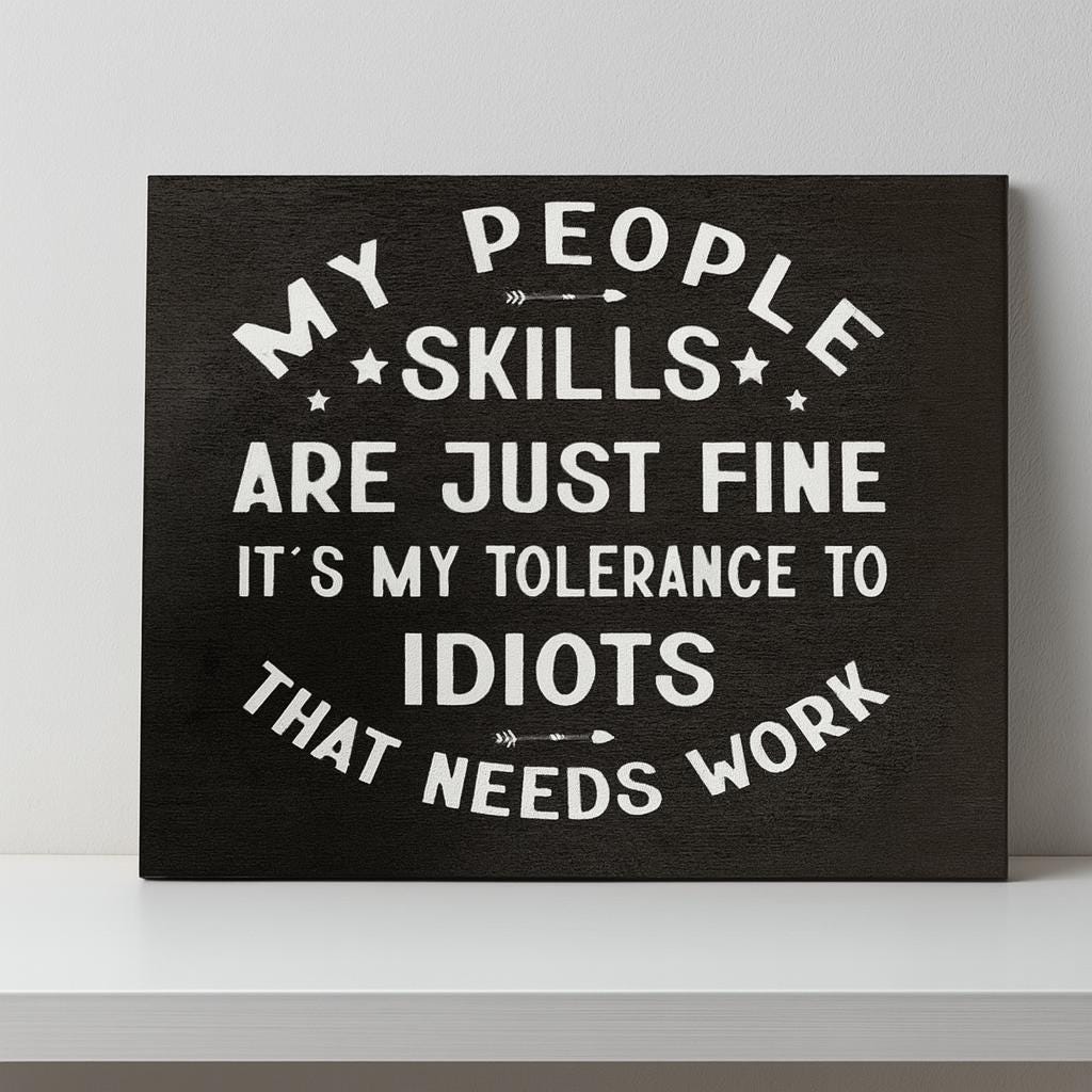 Funny Coworker Gift: Sarcastic Wood Sign - People Skills Humor, Tolerance to Idiots