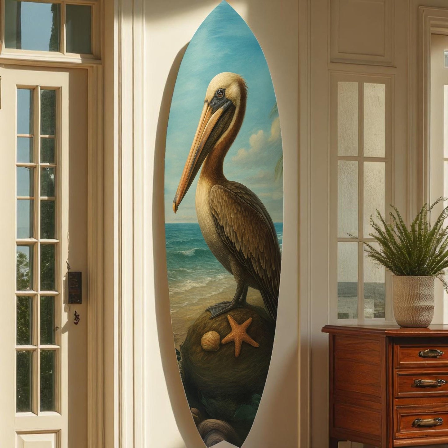 Pelican Surfboard Wall Art: Coastal Beach House Decor, Weatherproof PVC