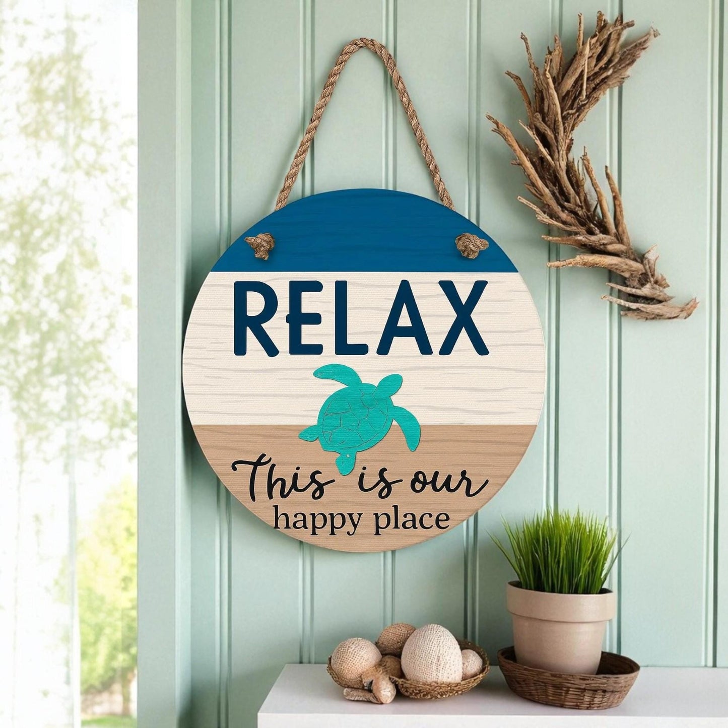 Turtle Door Hanger: 16" Coastal Beach House Decor, Nautical Rope