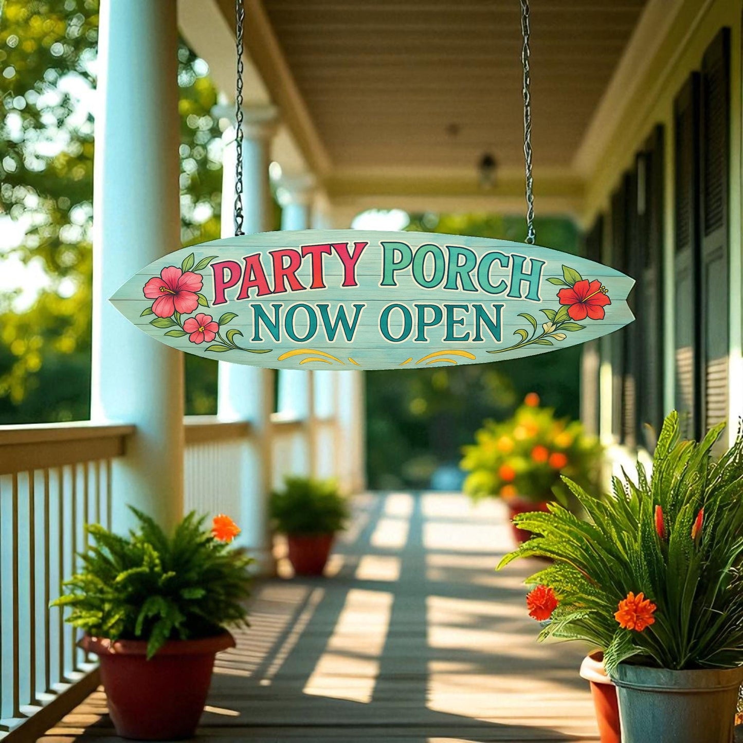 Party Porch Surfboard Sign: Coastal Beach House Decor