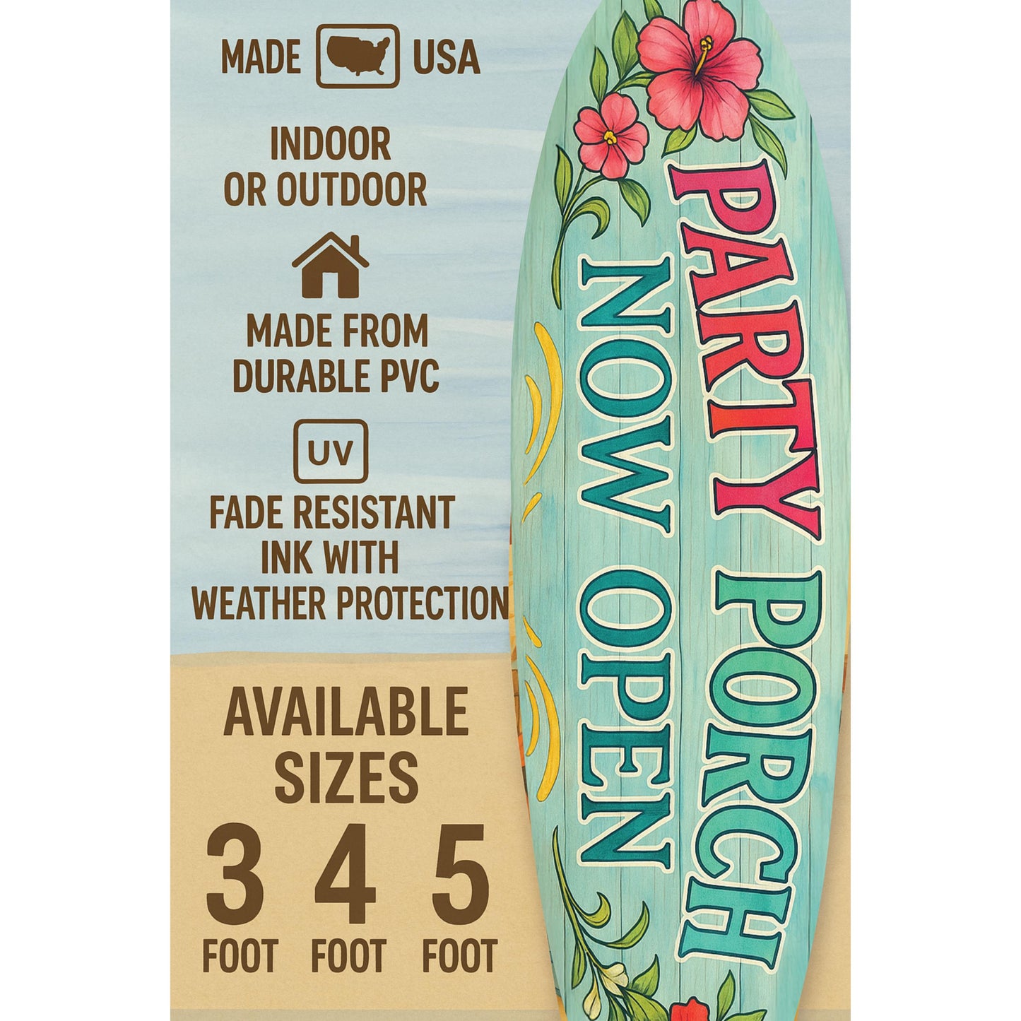 Party Porch Surfboard Sign: Coastal Beach House Decor