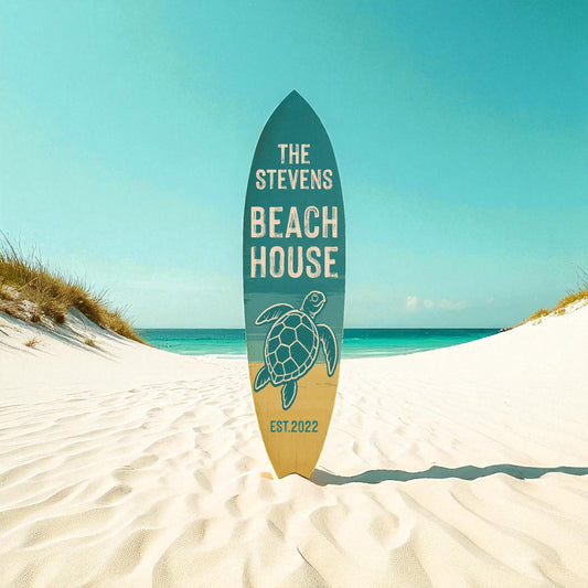 Personalized Turtle Beach House Surfboard Sign: Coastal Nautical Decor