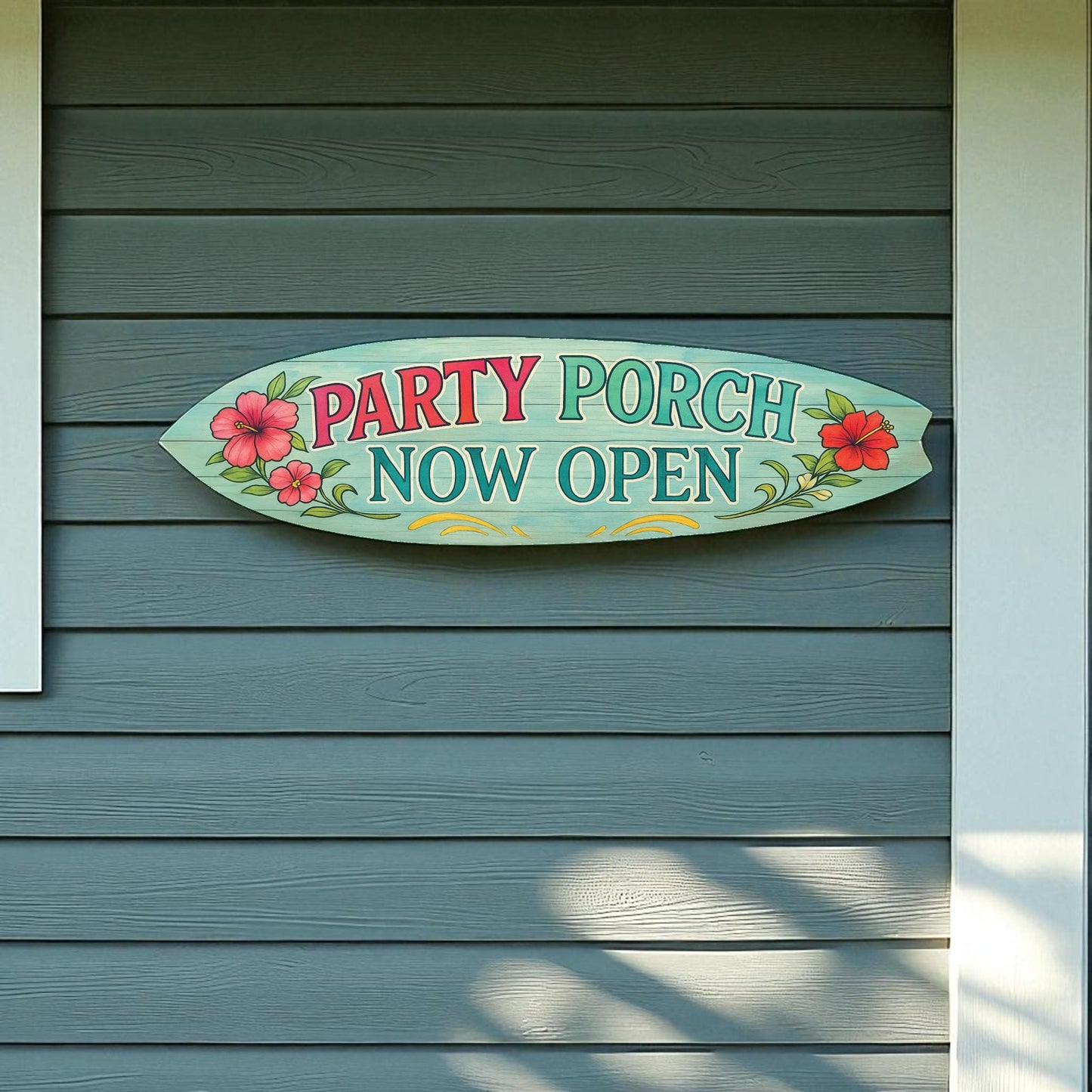 Party Porch Surfboard Sign: Coastal Beach House Decor