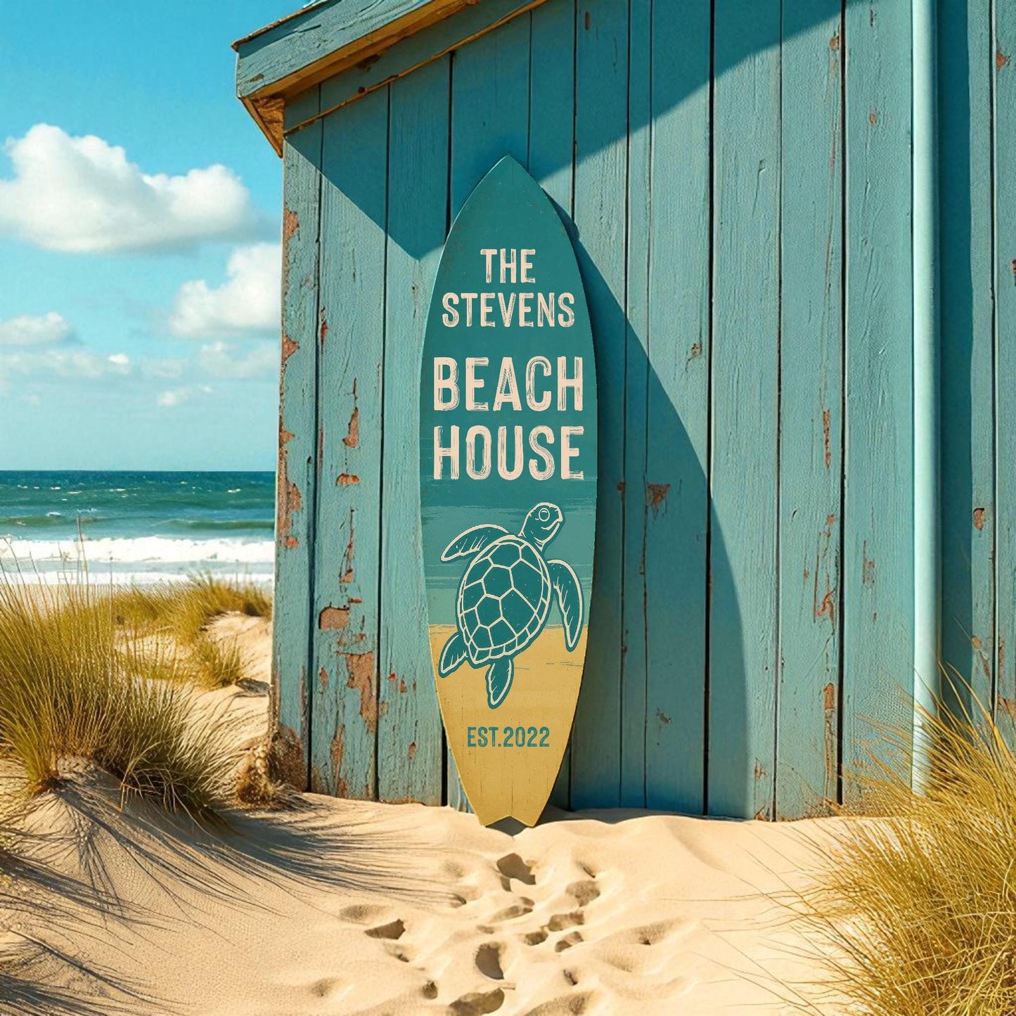 Personalized Turtle Beach House Surfboard Sign: Coastal Nautical Decor