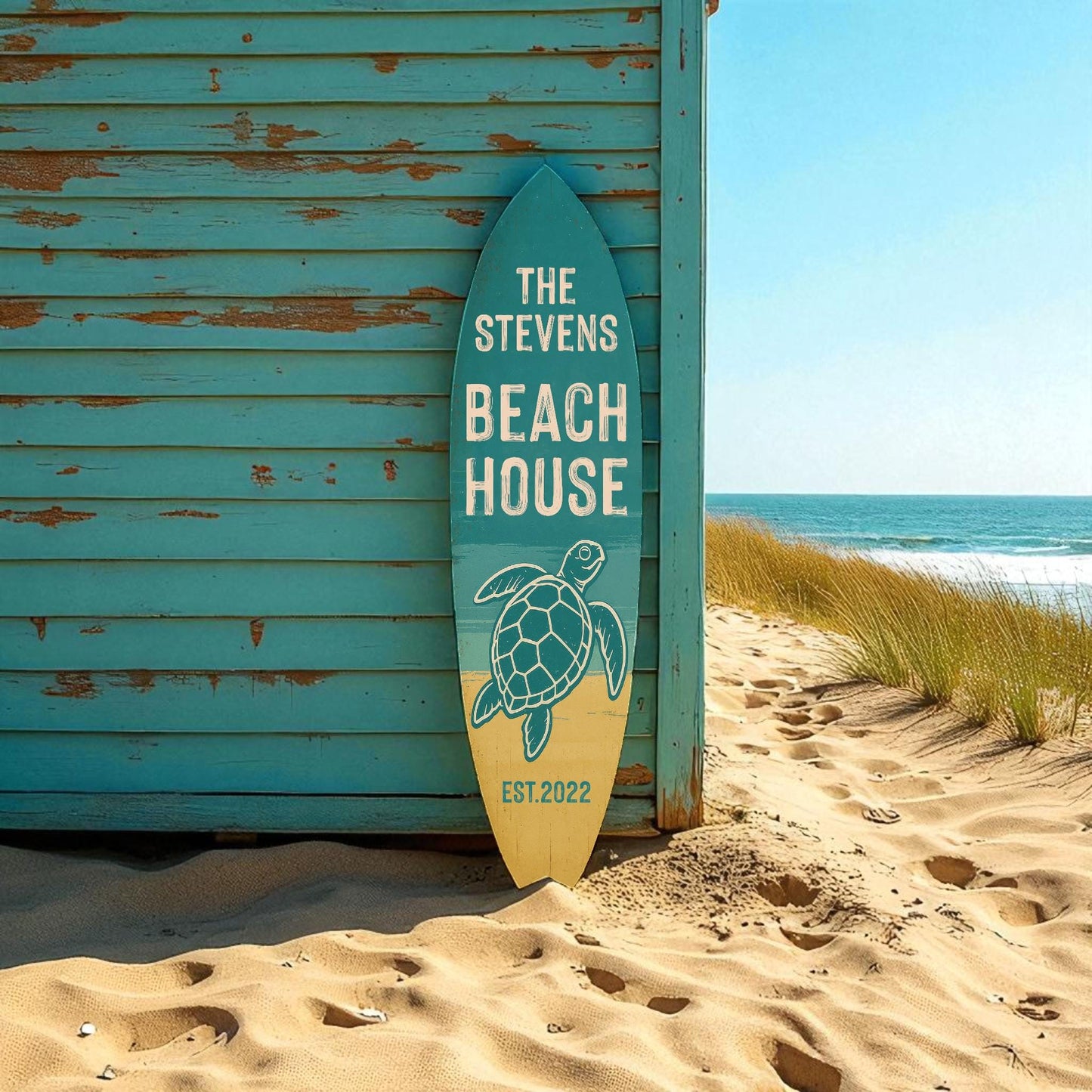 Personalized Turtle Beach House Surfboard Sign: Coastal Nautical Decor
