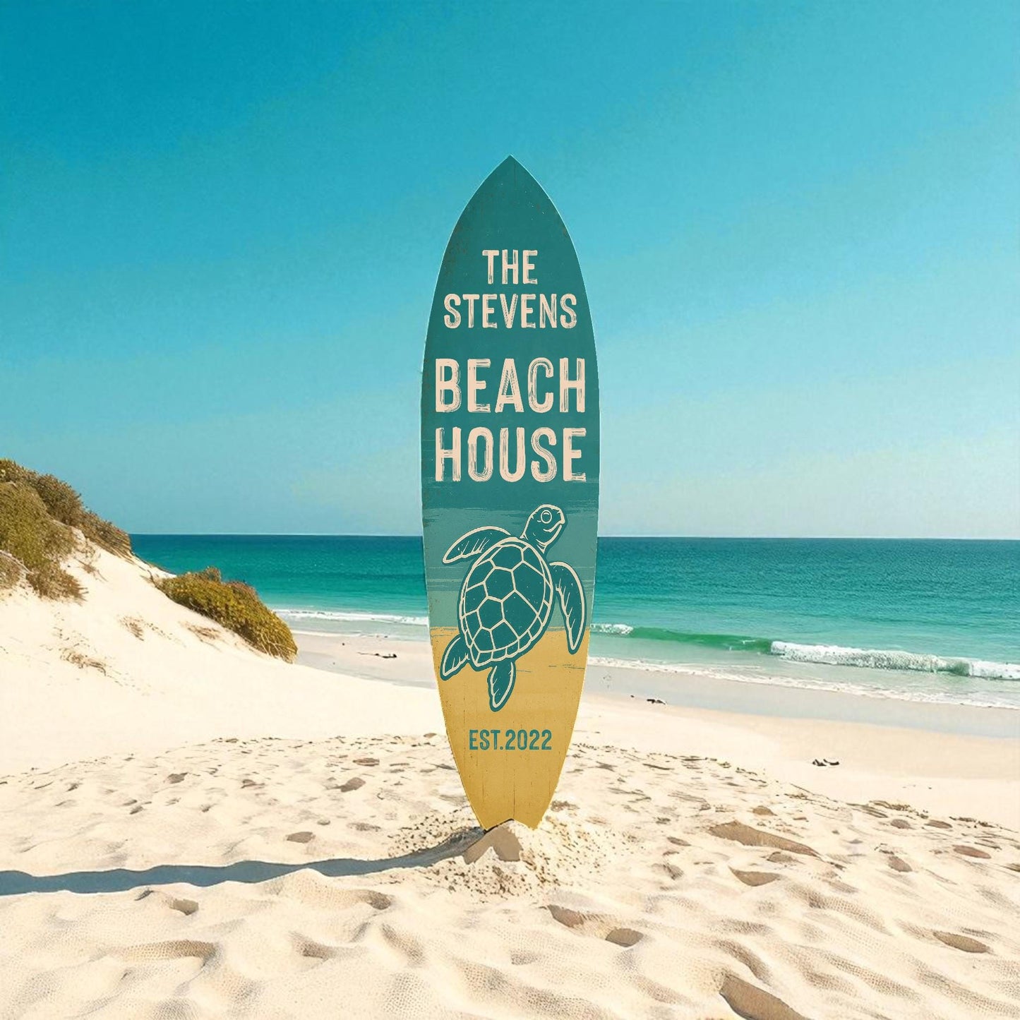 Personalized Turtle Beach House Surfboard Sign: Coastal Nautical Decor