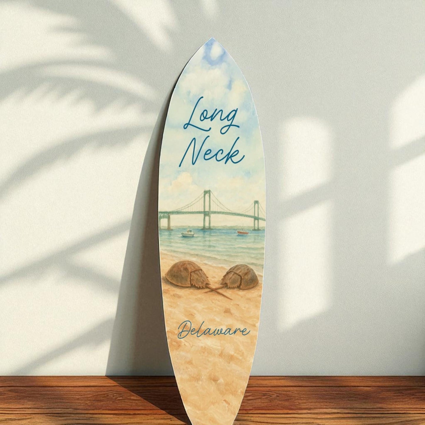 Long Neck Delaware Coastal Surfboard Wall Art: Horseshoe Crab Beach House Decor
