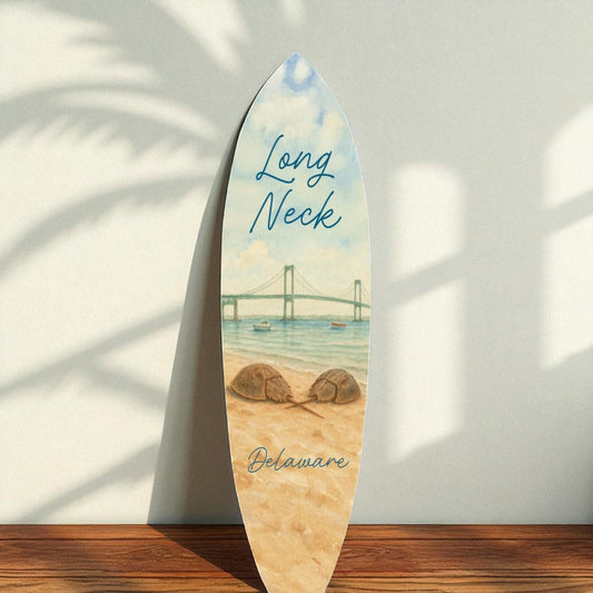 Long Neck Delaware Coastal Surfboard Wall Art: Horseshoe Crab Beach House Decor