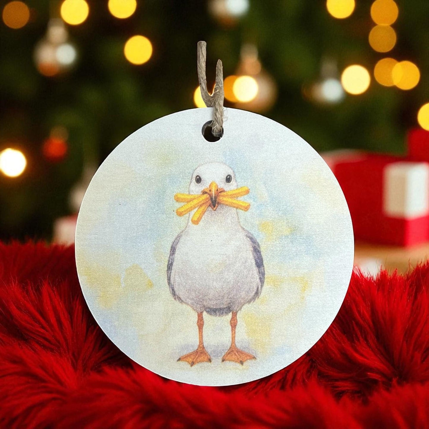 Seagull with French Fries Ornament: Coastal Christmas Tree Decoration