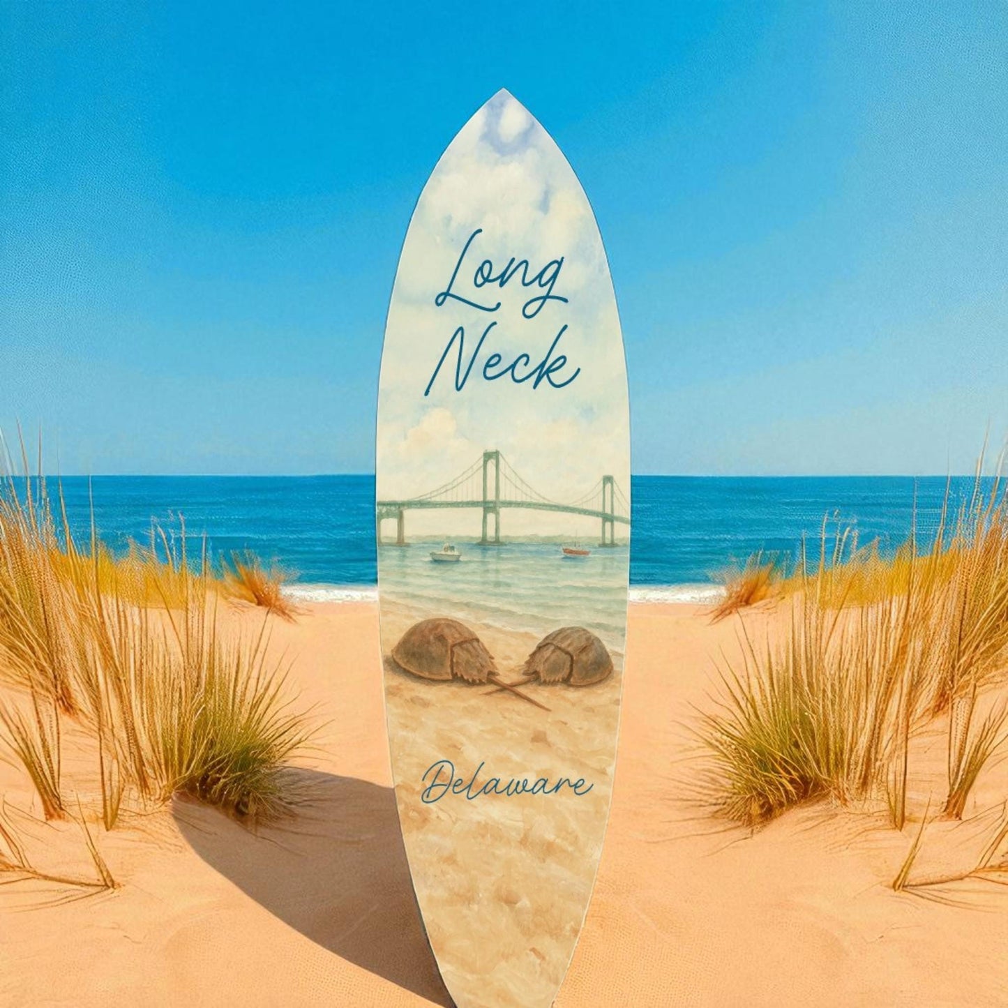 Long Neck Delaware Coastal Surfboard Wall Art: Horseshoe Crab Beach House Decor