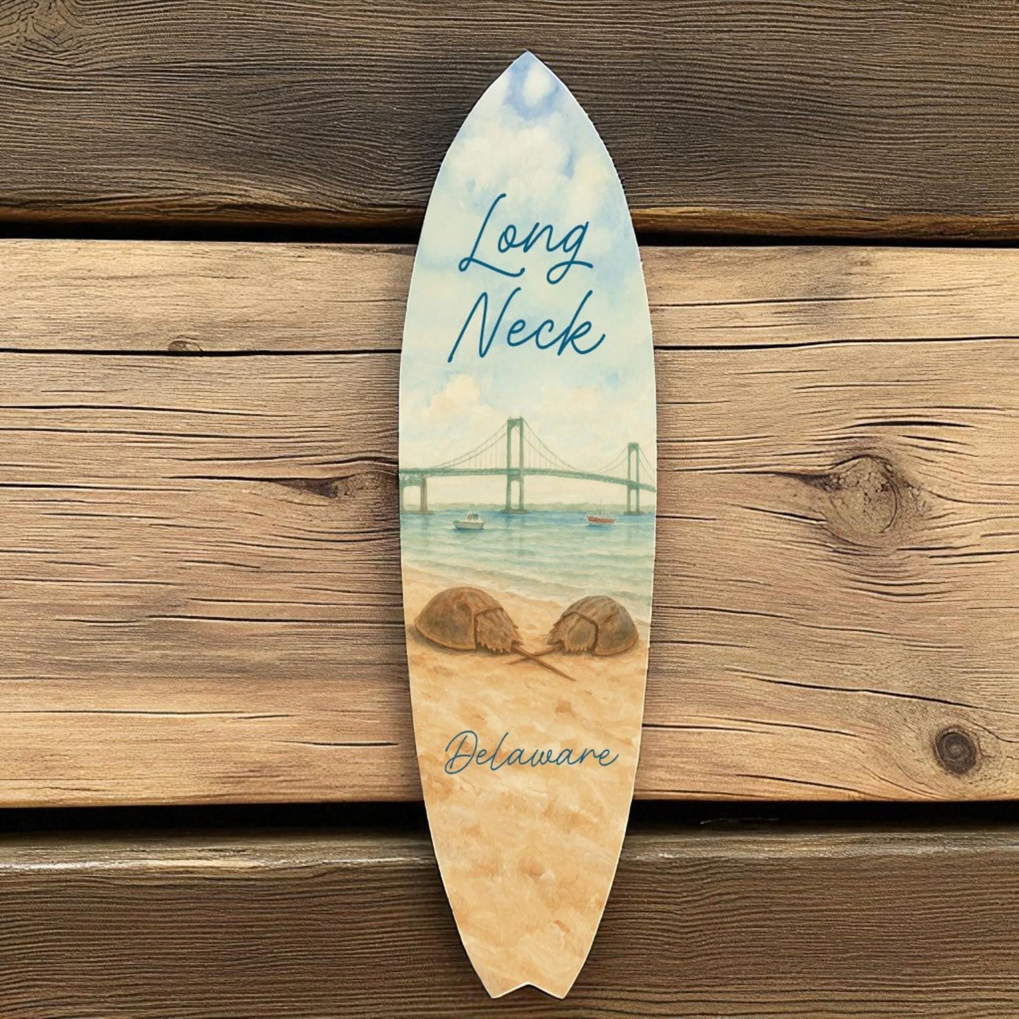 Long Neck Delaware Coastal Surfboard Wall Art: Horseshoe Crab Beach House Decor