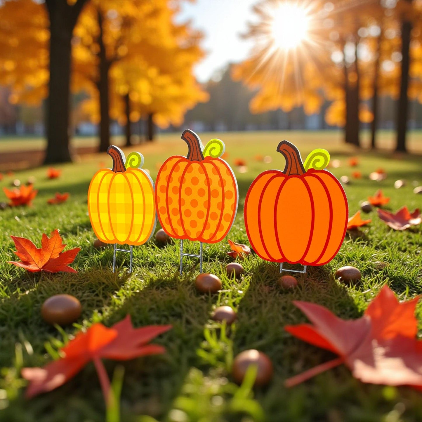 PVC Pumpkin Yard Stakes Set: Durable Autumn Garden Decor - Made in USA