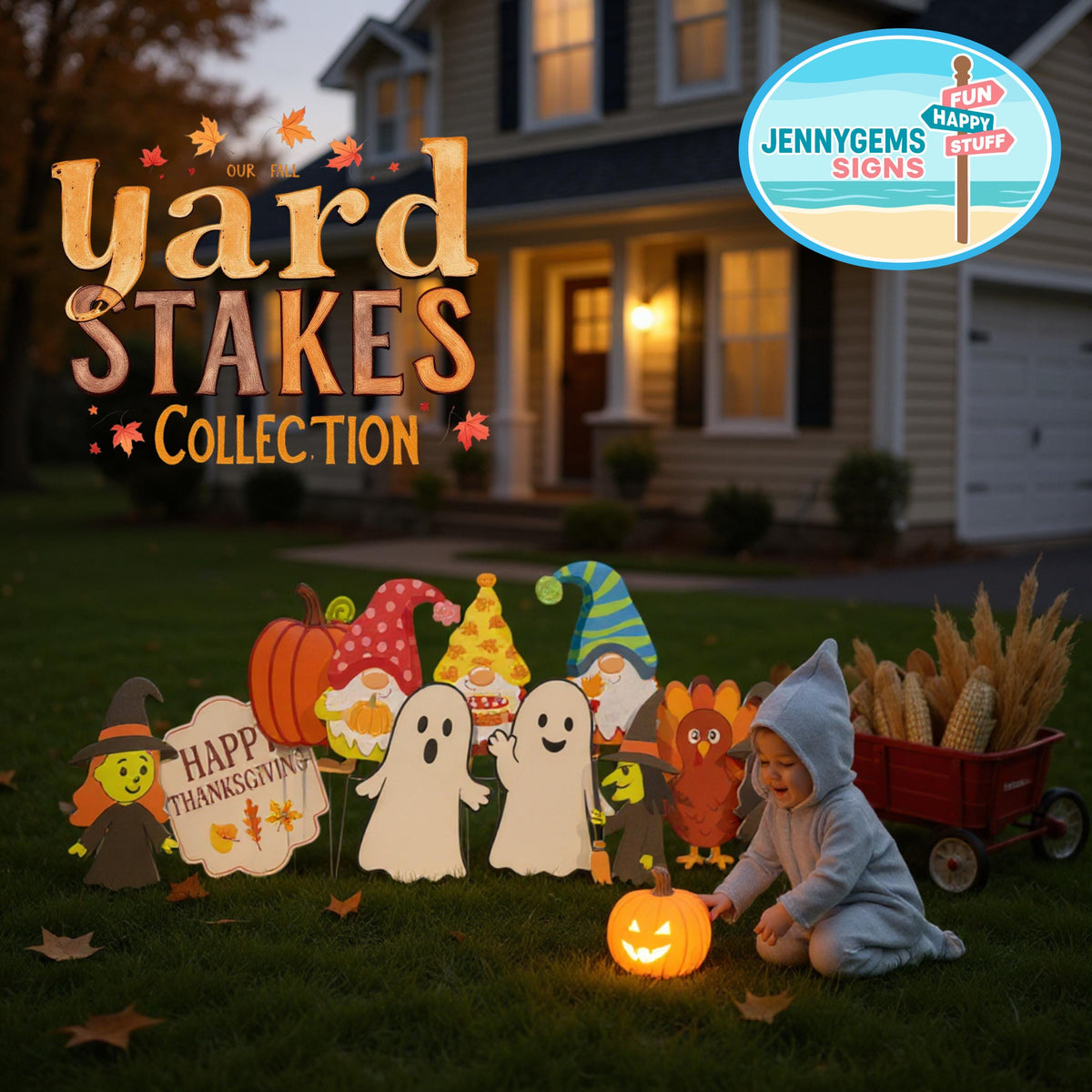 Fall Gnome Yard Stakes Set: PVC Autumn Porch Decor - Made in USA