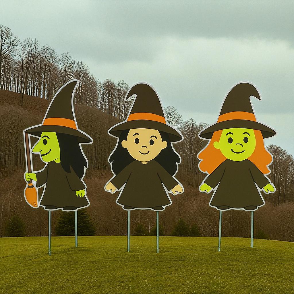 Halloween Witch Yard Stakes (Set of 3) - 12" PVC Lawn Decor - Made in USA