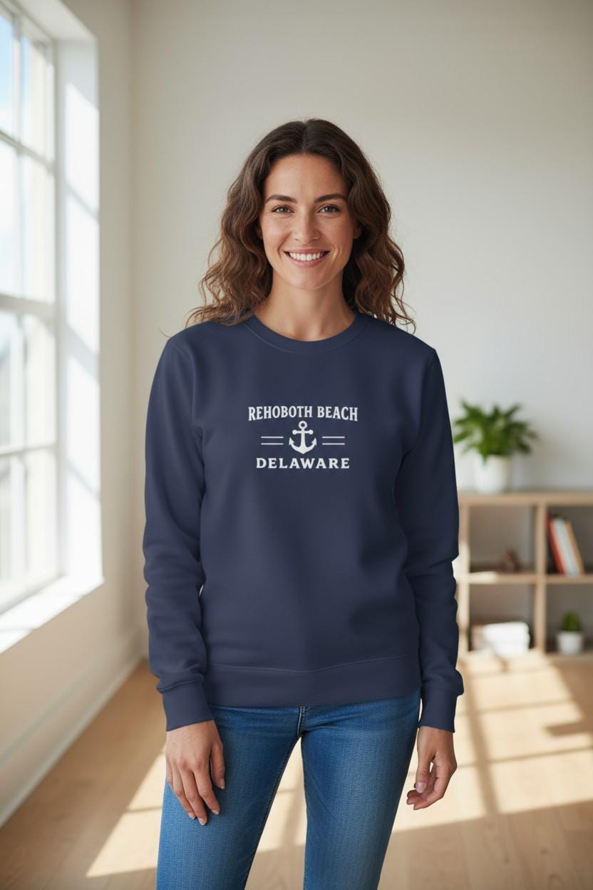 Rehoboth Beach Sweatshirt: Adidas Fleece Crewneck, Nautical Coastal Style