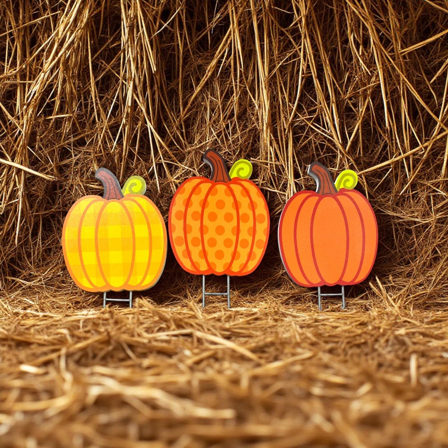 PVC Pumpkin Yard Stakes Set: Durable Autumn Garden Decor - Made in USA