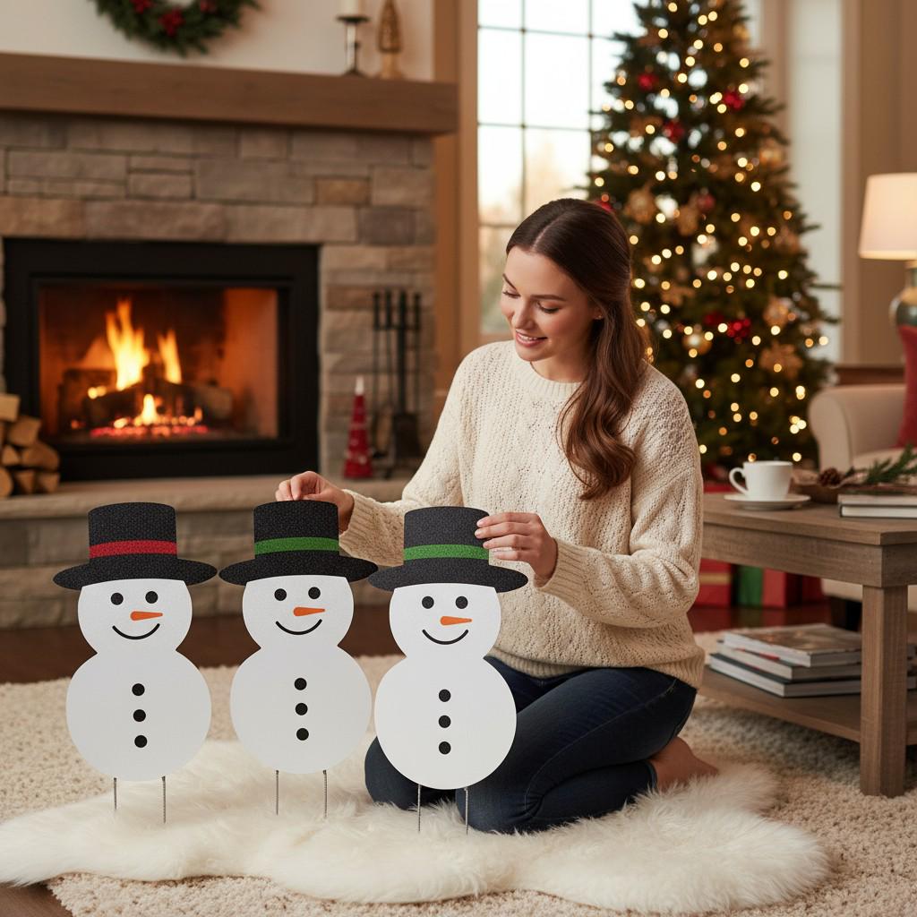 Snowman Yard Signs Set: PVC Holiday Outdoor Porch Decor