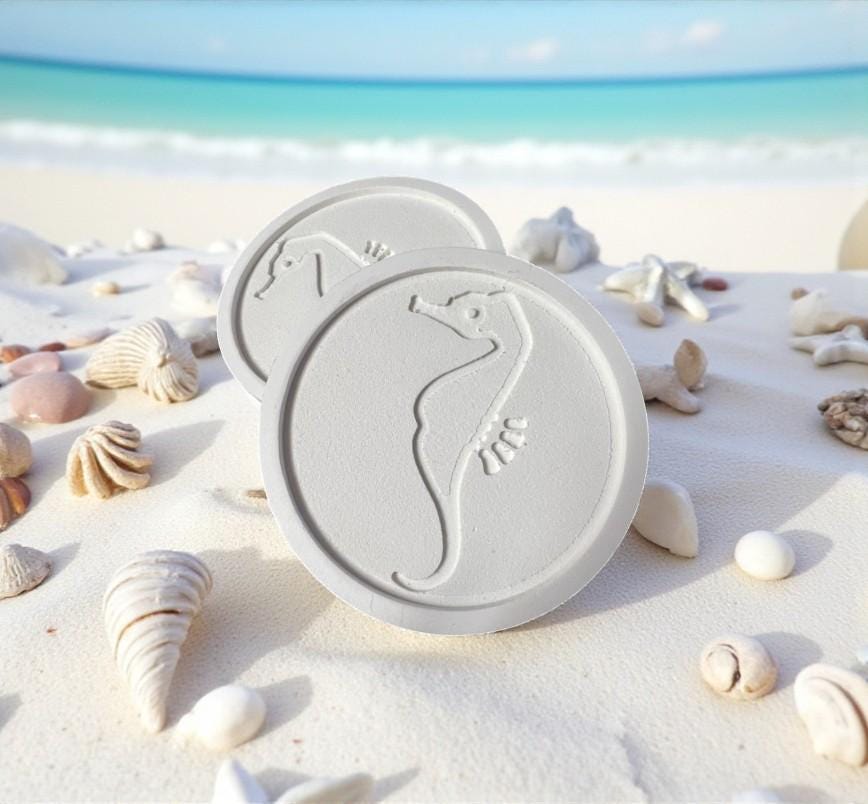 Seahorse Coasters Set of 4 – Indoor Outdoor PVC Coasters, Carved Seahorse Design, Coastal Beach House Decor, Nautical Drink Coasters