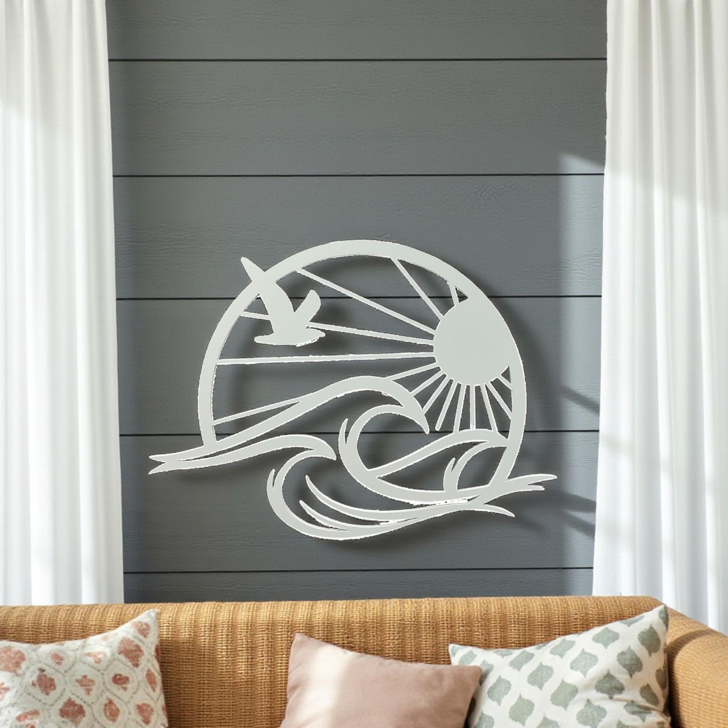 Coastal PVC Wall Art: Sun, Waves & Seagull - Beach House Decor