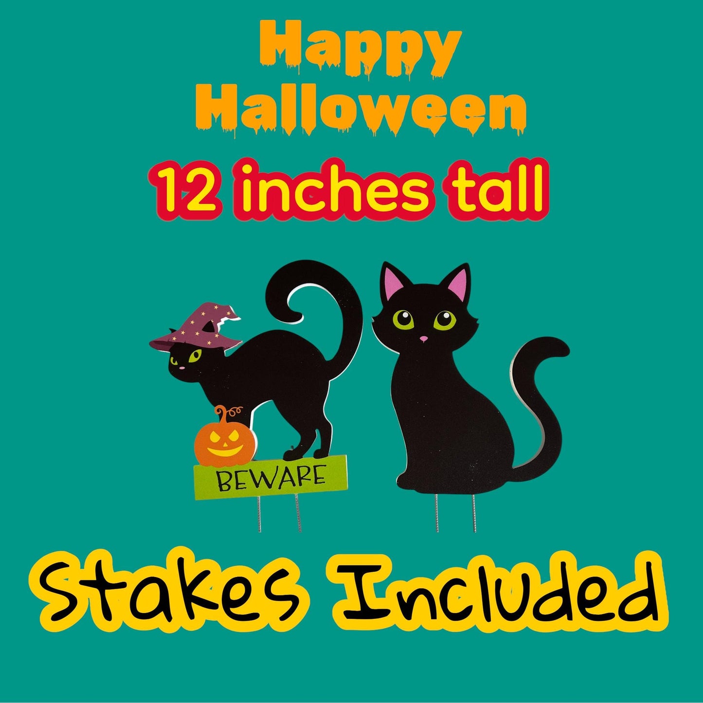 Black Cats Halloween Yard Stakes, Outdoor PVC Fall Decor, Set of 2, Stakes Included