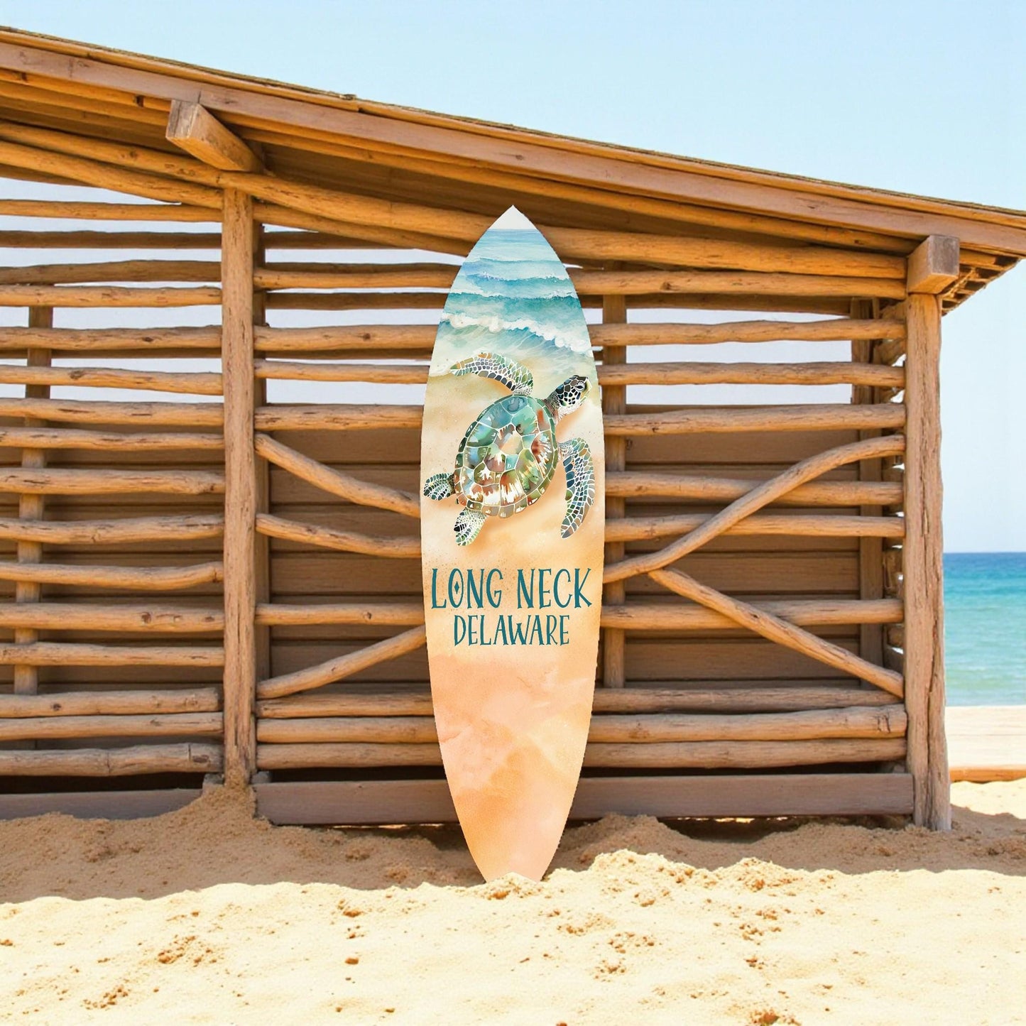 Coastal Turtle Surfboard Wall Art: Long Neck, Delaware Sign