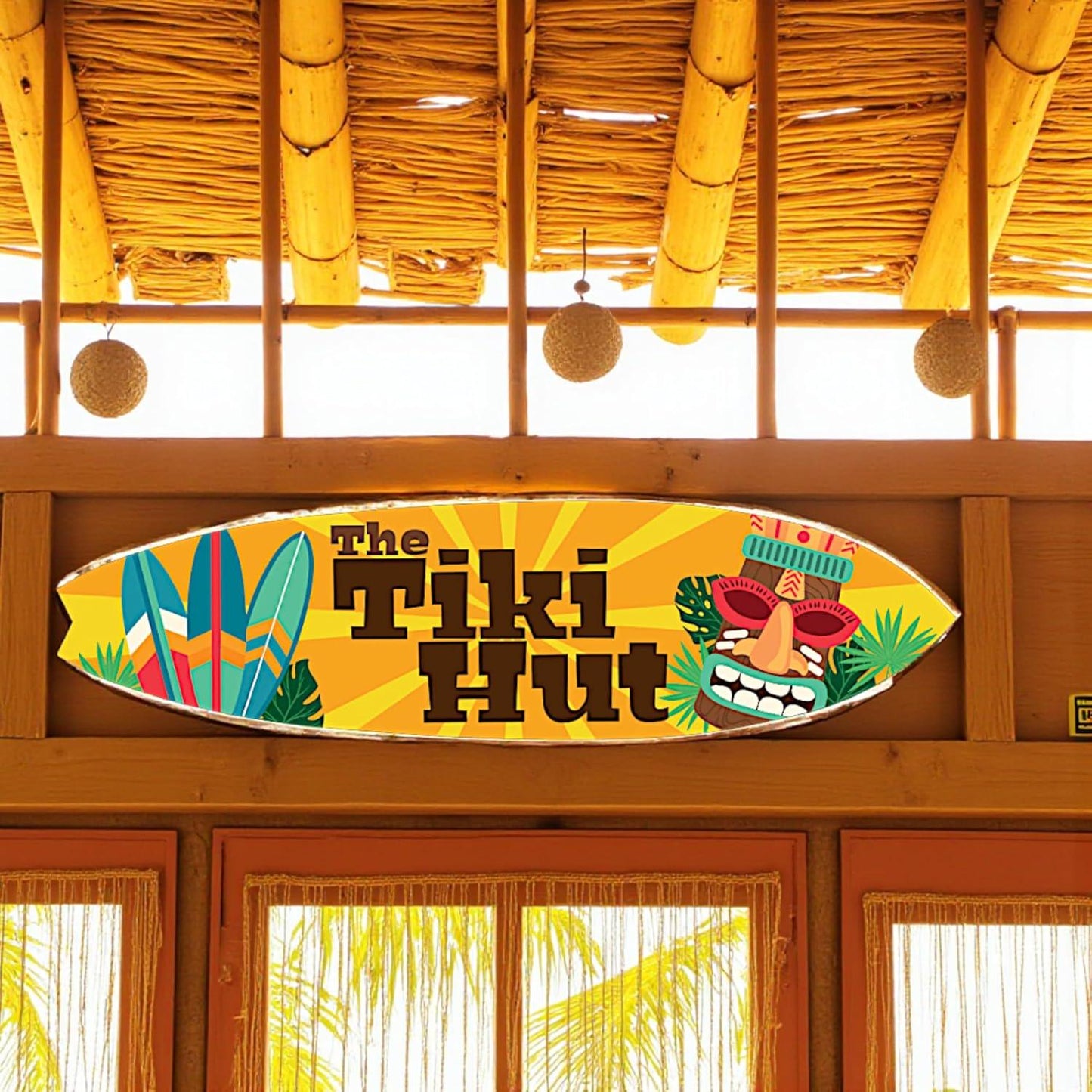 Tiki Hut Surfboard Sign: Tropical Beach Bar Wall Art