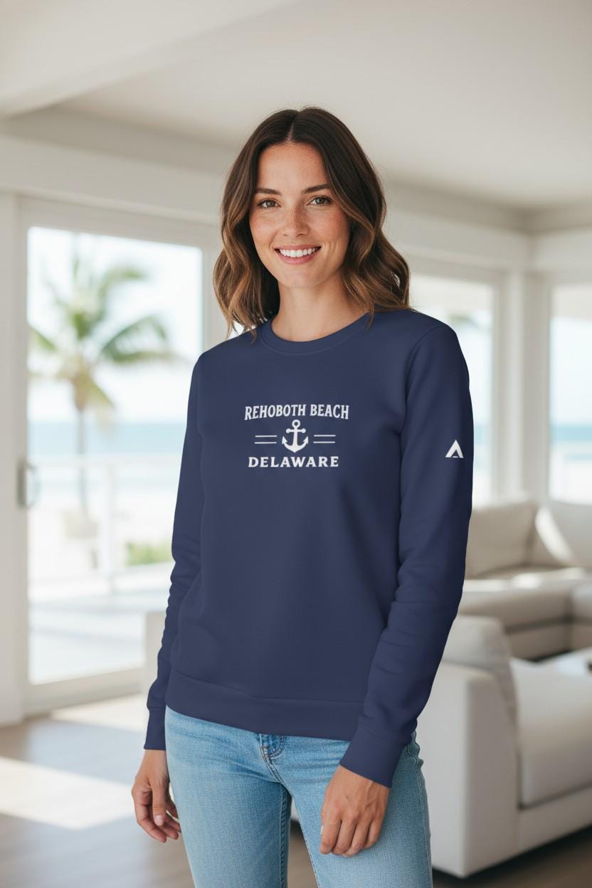 Rehoboth Beach Sweatshirt: Adidas Fleece Crewneck, Nautical Coastal Style