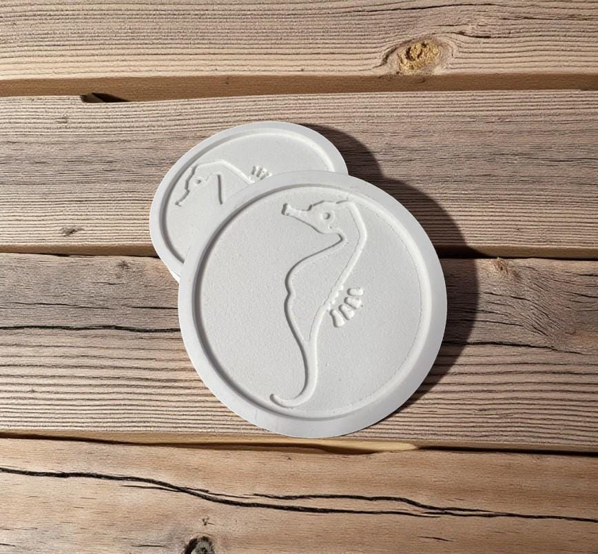 Seahorse Coasters Set of 4 – Indoor Outdoor PVC Coasters, Carved Seahorse Design, Coastal Beach House Decor, Nautical Drink Coasters