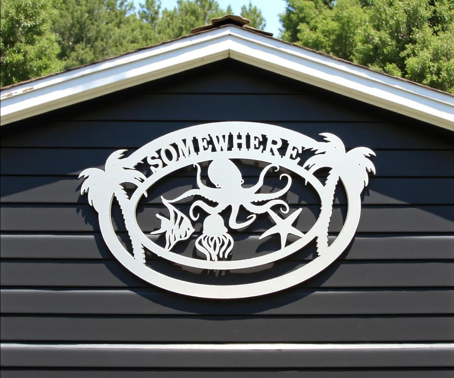 Outdoor Octopus Coastal PVC Sign: Palm Trees, Beach Home Decor, Somewhere