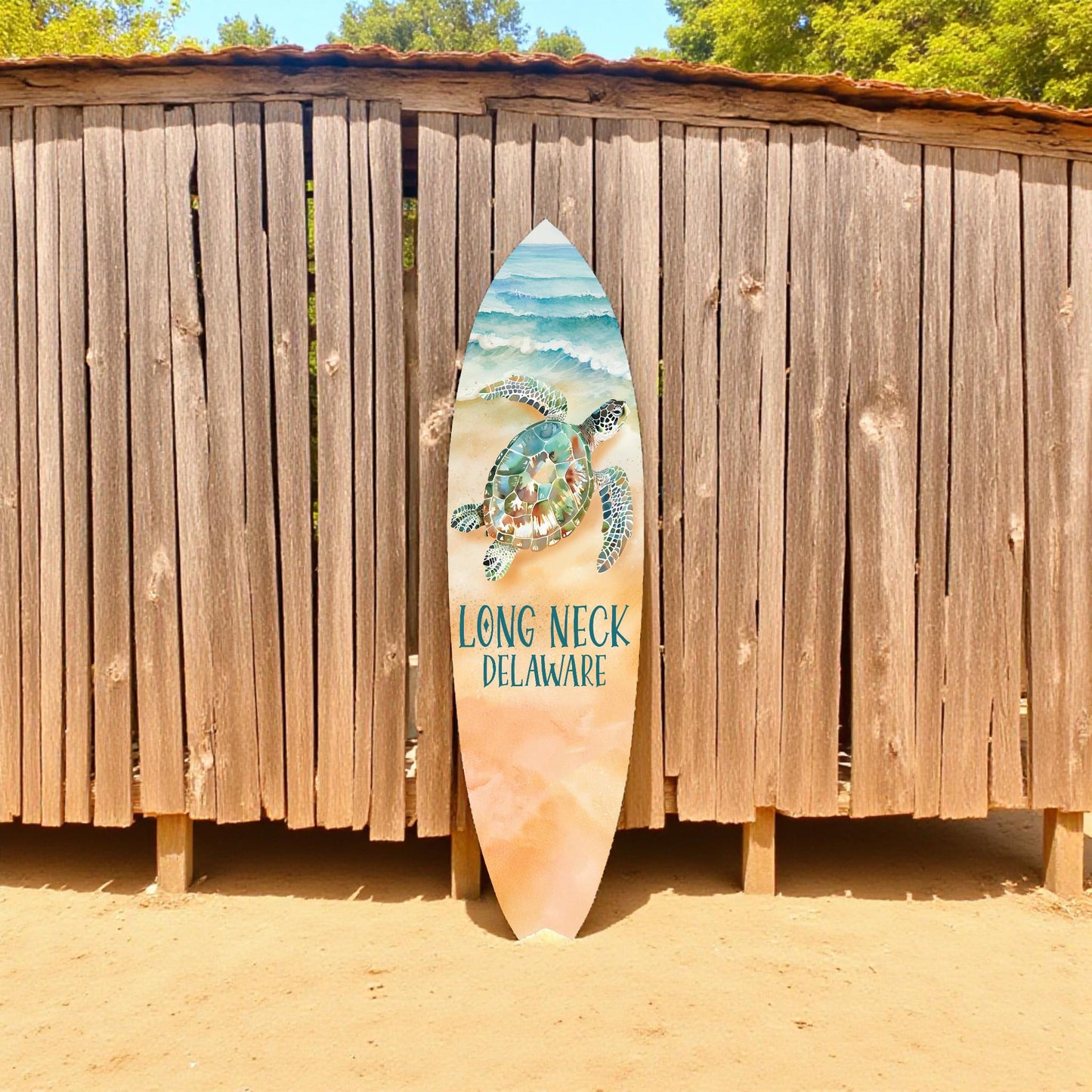 Coastal Turtle Surfboard Wall Art: Long Neck, Delaware Sign
