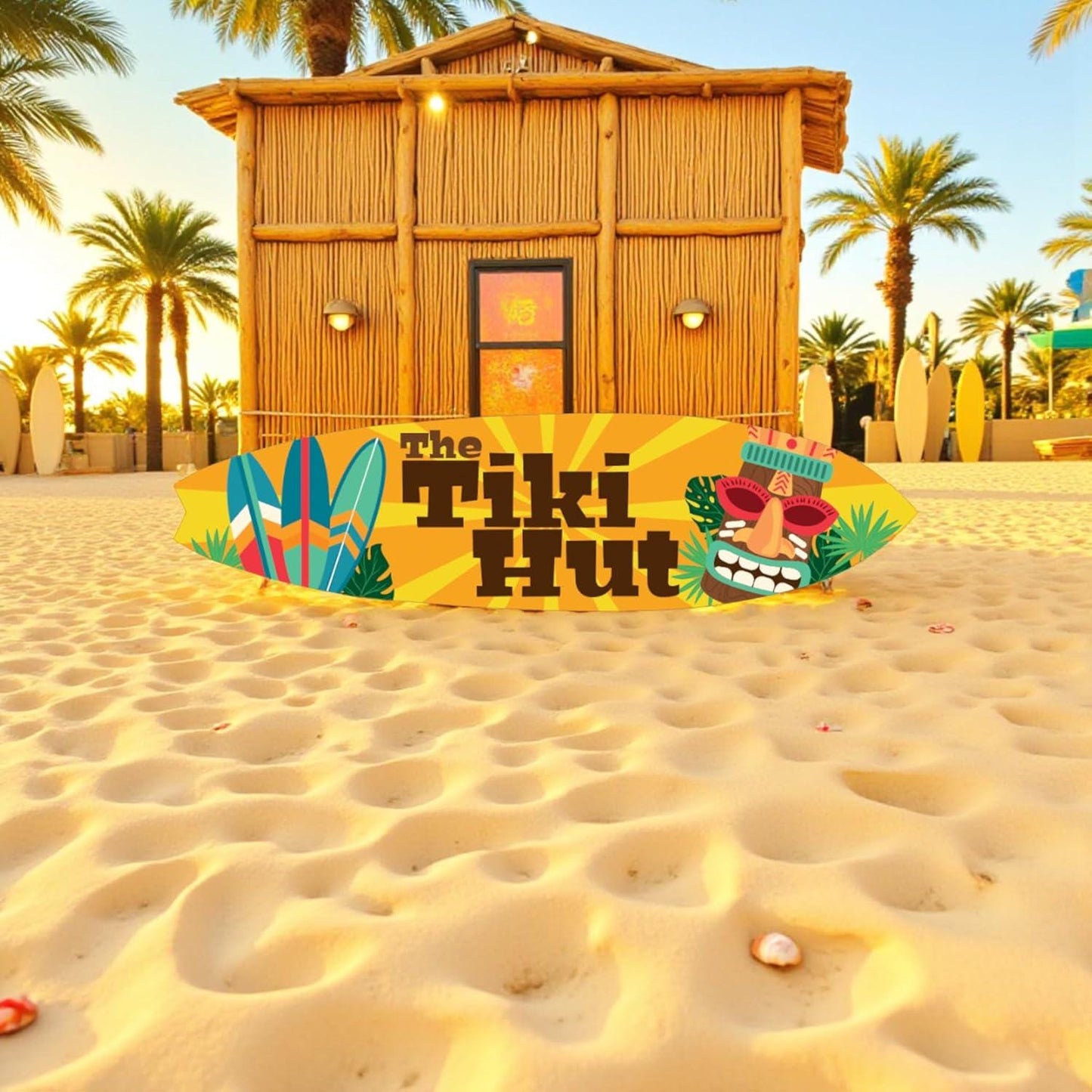 Tiki Hut Surfboard Sign: Tropical Beach Bar Wall Art