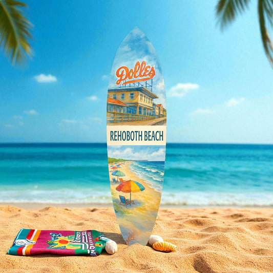 Rehoboth Beach Surfboard Wall Art – Dolle’s Salt Water Taffy Scene, Coastal Decor, Delaware Beach Sign, Outdoor Indoor PVC