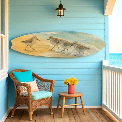 Shorebird Surfboard Wall Art – Beach House Decor with Sandpipers, Surfboard Sign, Weather Resistant PVC Indoor Outdoor