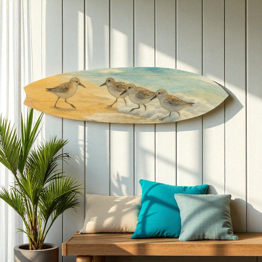 Shorebird Surfboard Wall Art – Beach House Decor with Sandpipers, Surfboard Sign, Weather Resistant PVC Indoor Outdoor