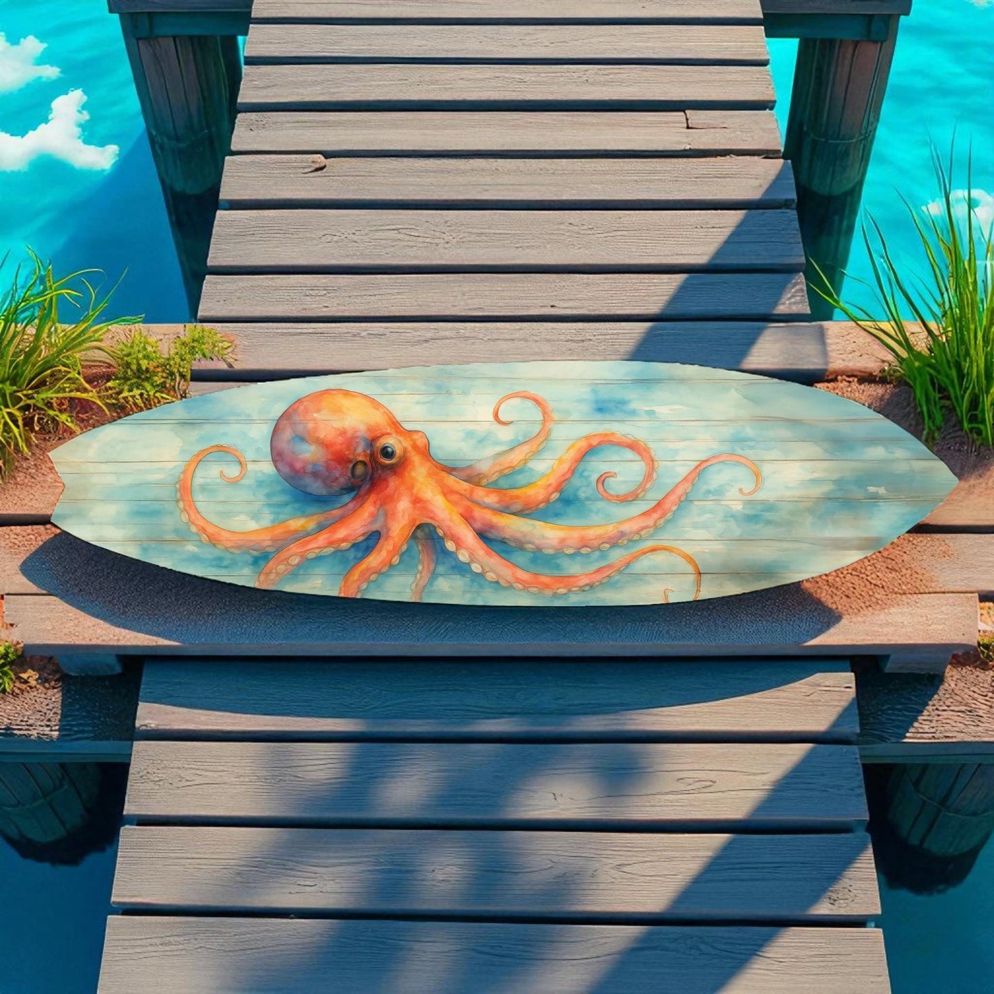 Octopus Surfboard Wall Art – Coastal Nautical Decor, PVC Outdoor Beach Sign, Ocean Lover Gift