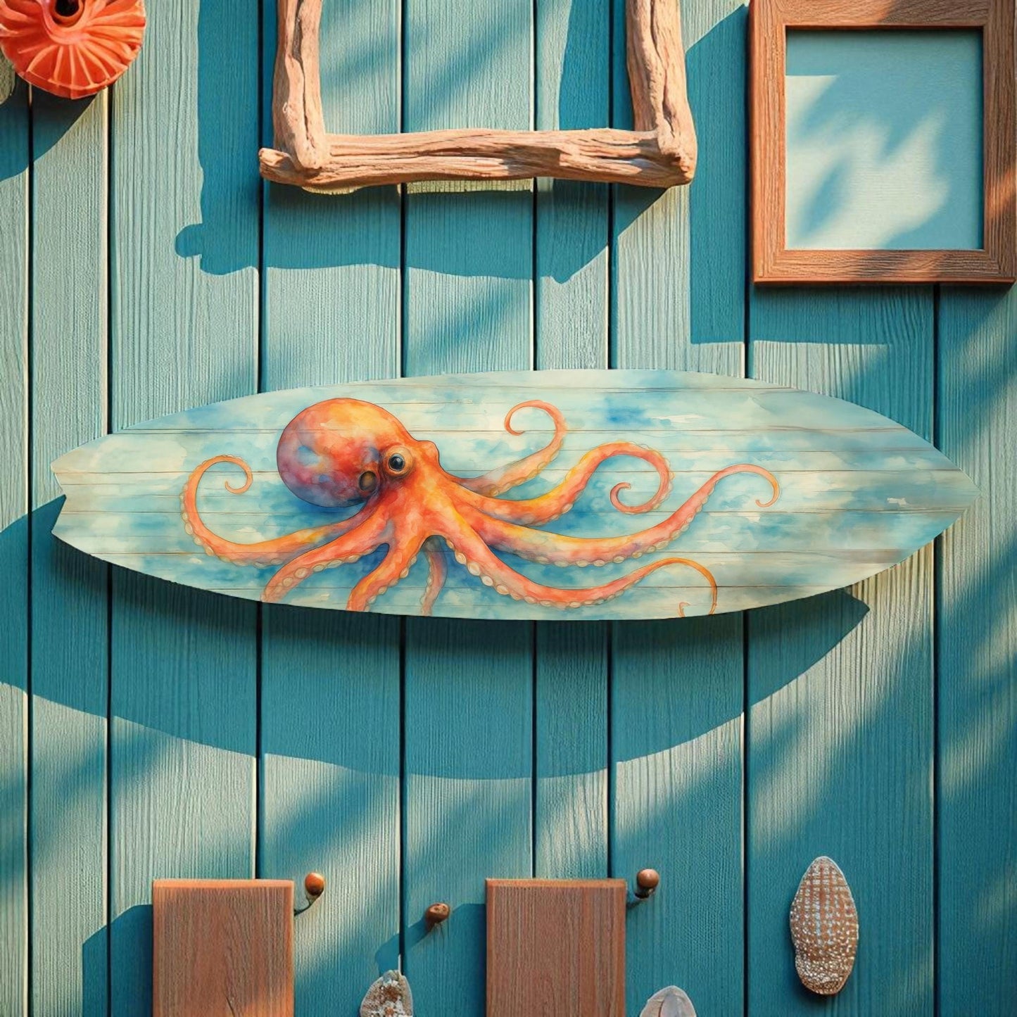 Octopus Surfboard Wall Art – Coastal Nautical Decor, PVC Outdoor Beach Sign, Ocean Lover Gift