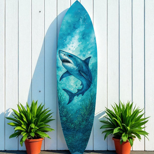 Shark Surfboard Wall Art – Watercolor Ocean Decor, Indoor Outdoor PVC, Coastal Shark Beach House Decoration