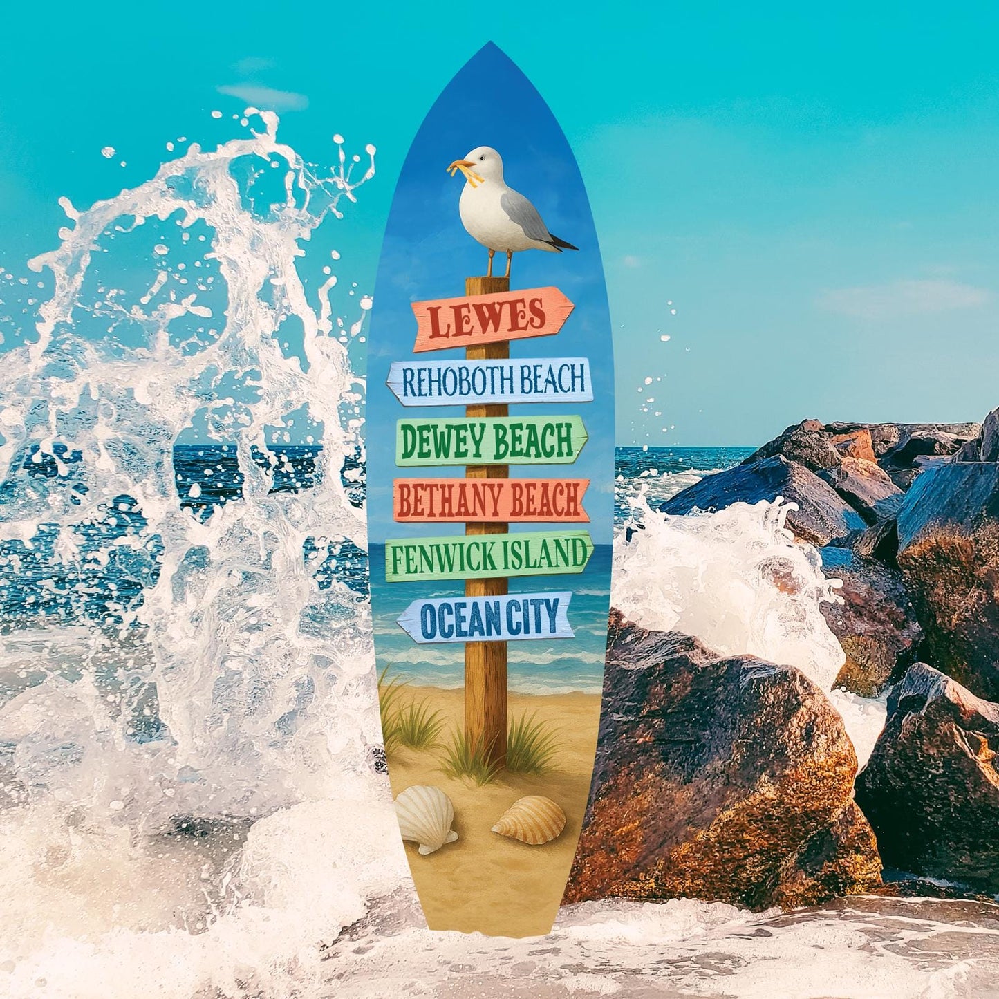 Delaware Beaches Surfboard Wall Art – Coastal Directional Sign Nautical Decor