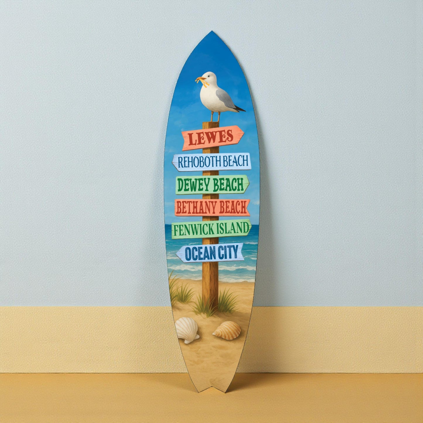 Delaware Beaches Surfboard Wall Art – Coastal Directional Sign Nautical Decor