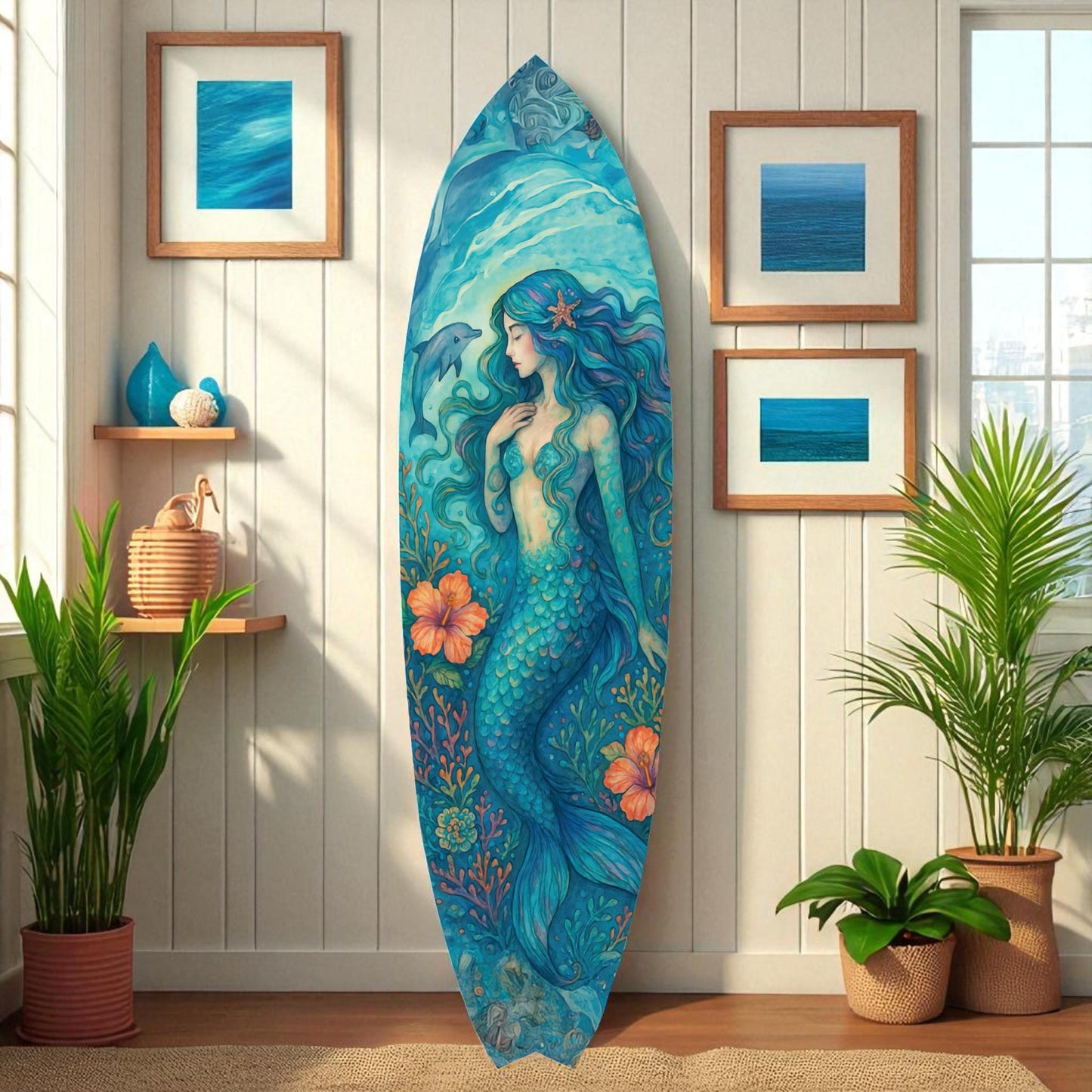 Mermaid Surfboard Wall Art | Coastal Beach House Decor