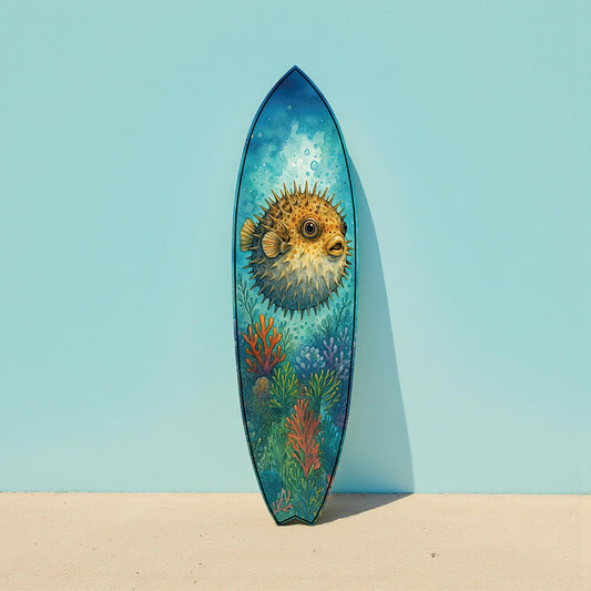Outdoor Pufferfish Surfboard Wall Art – Coastal Beach House Decor, Vibrant Ocean-Themed, PVC Tropical Fish Surfboard Sign