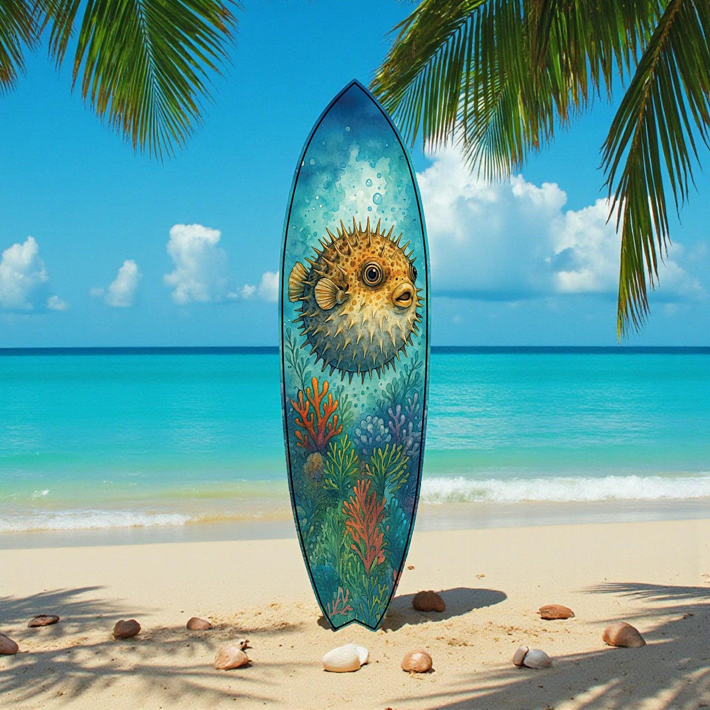 Outdoor Pufferfish Surfboard Wall Art – Coastal Beach House Decor, Vibrant Ocean-Themed, PVC