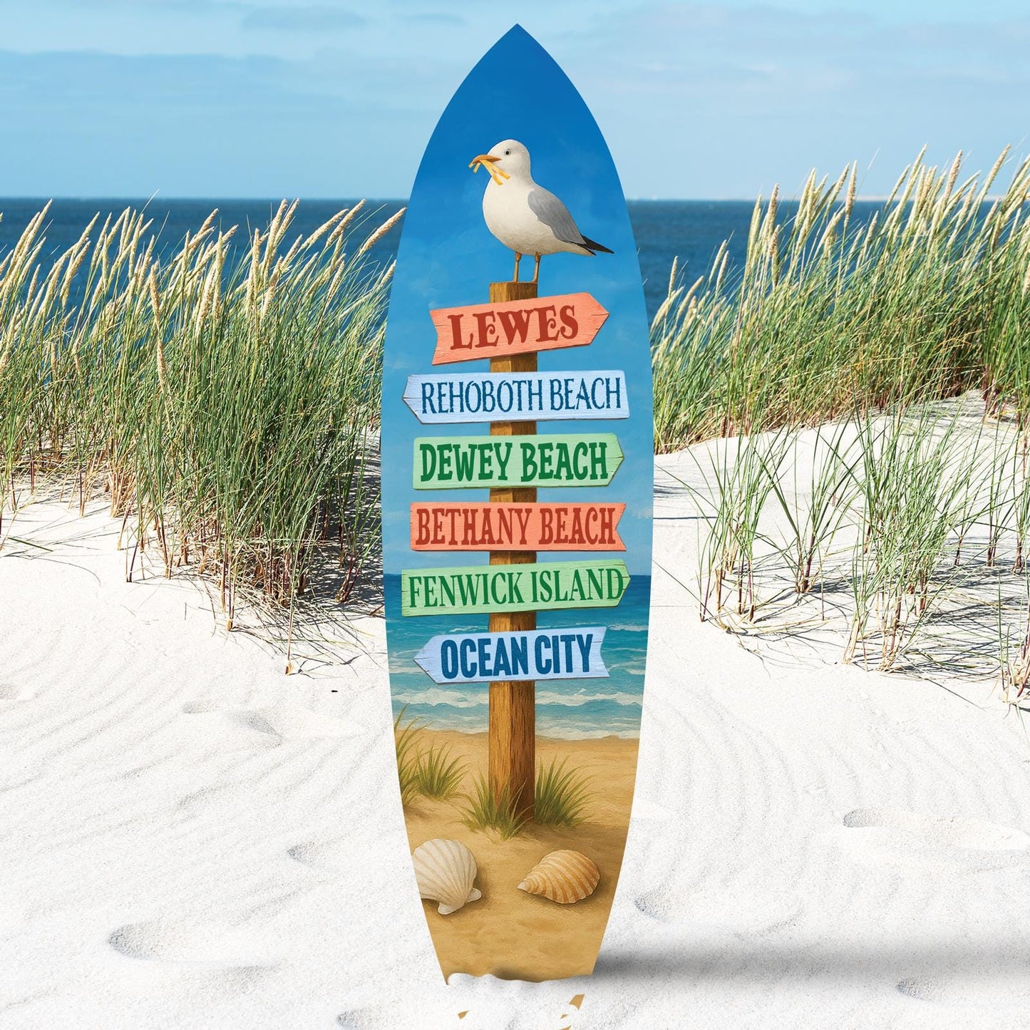 Delaware Beaches Surfboard Wall Art – Coastal Directional Sign Nautical Decor
