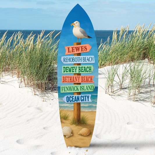 Delaware Beaches Surfboard Wall Art – Coastal Directional Sign Nautical Decor