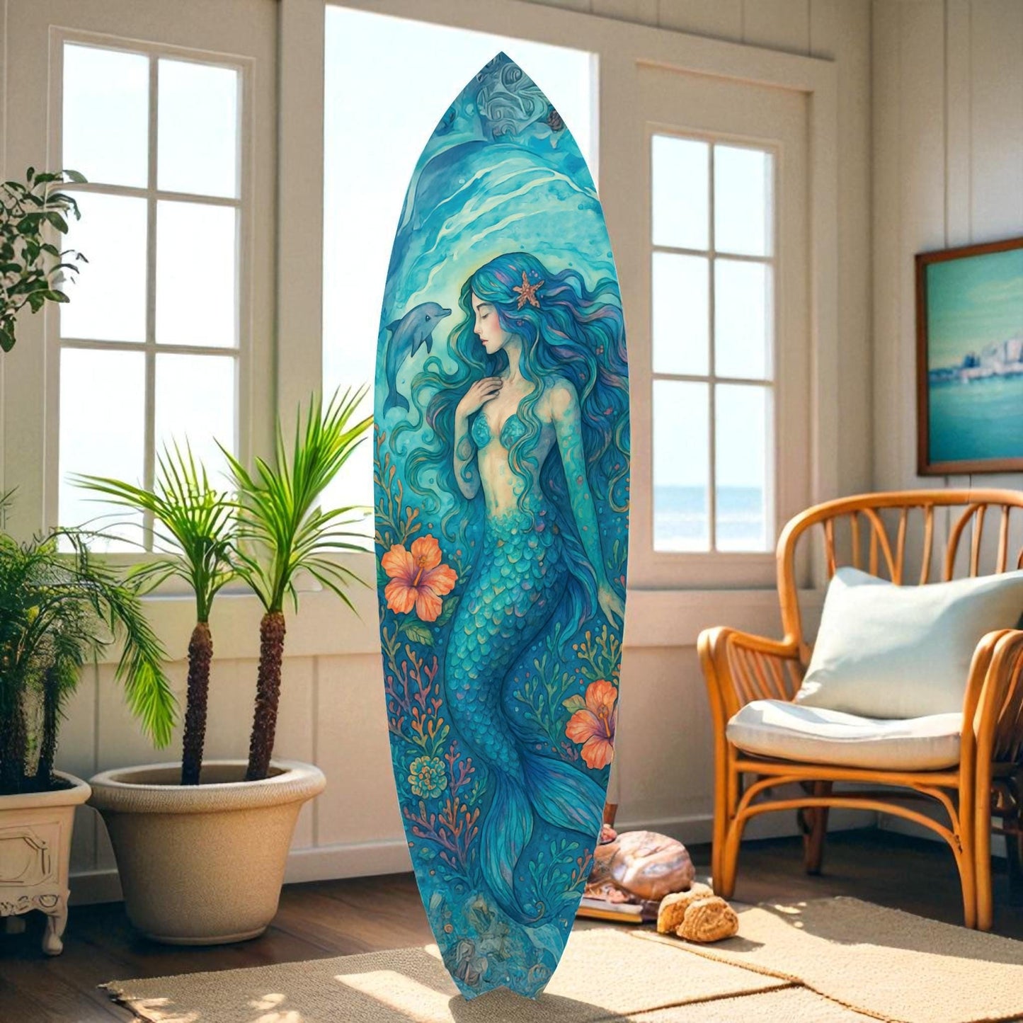 Mermaid Surfboard Wall Art | Coastal Beach House Decor